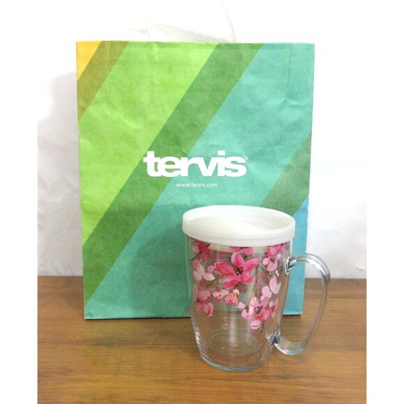 Tervis Japanese Pink Cherry Blossom Coffee Mug with White Lid, 16 oz, Clear NEW - Picture 3 of 7